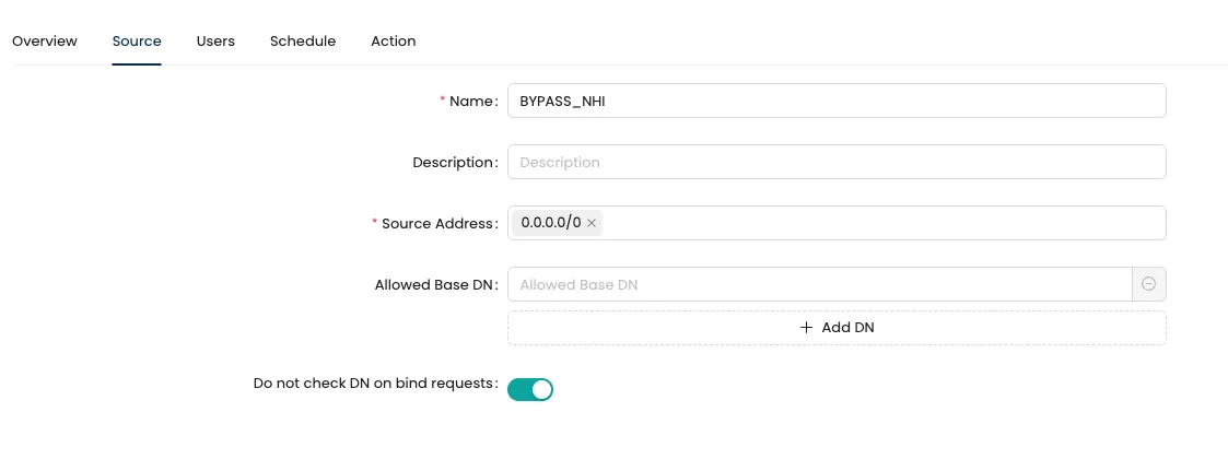 A proxy rule in Mirket, Source tab: the source address and the base DN the credential may search