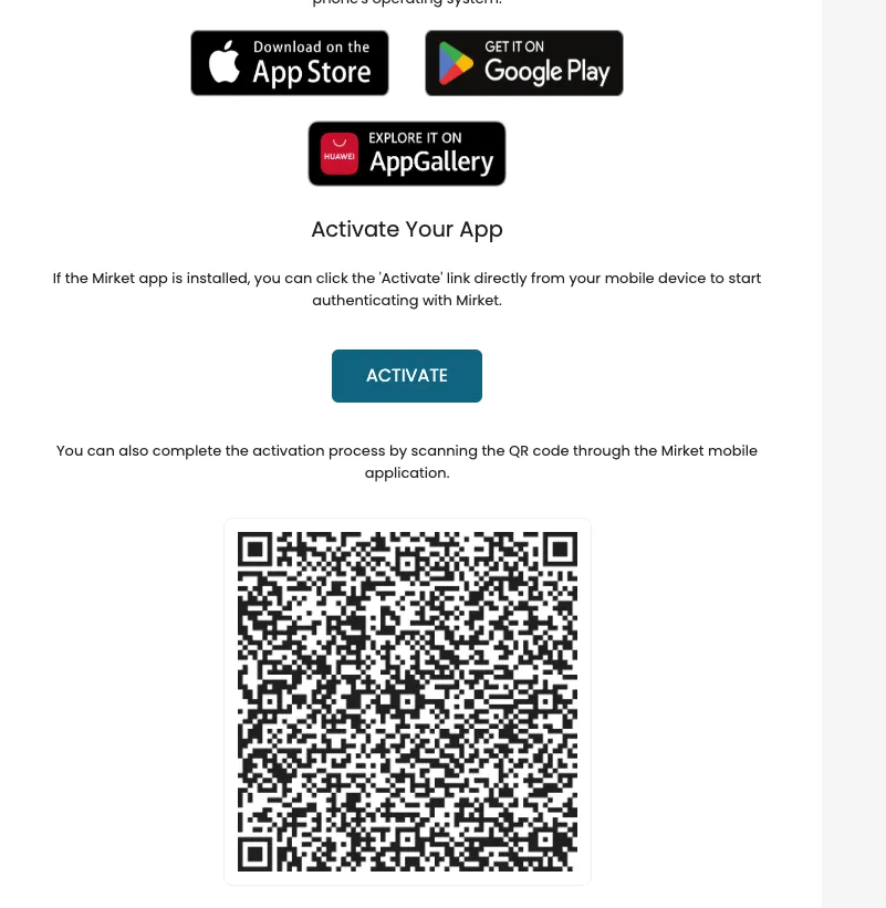 Mirket self-service user enrollment portal with QR code and mobile app setup