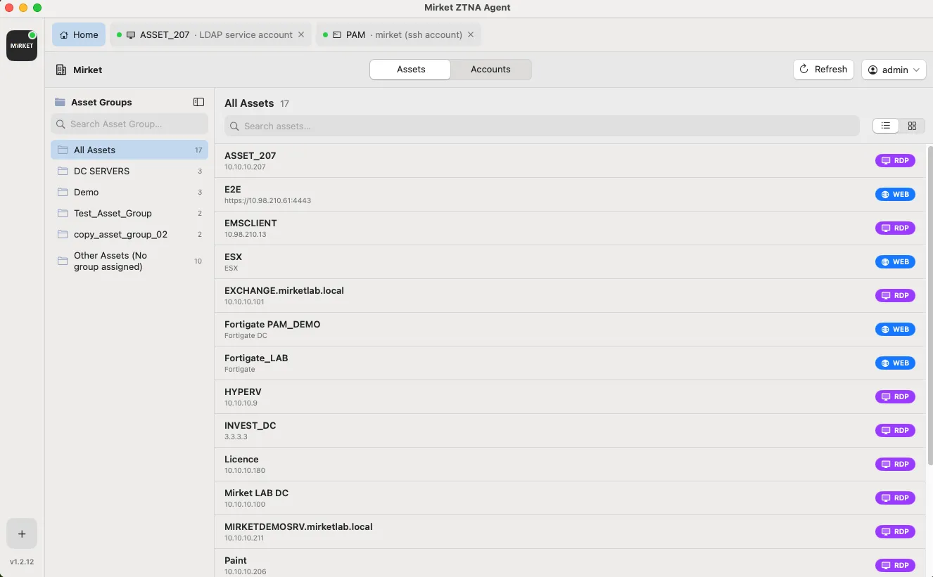 The Mirket ZTNA Agent: asset groups, the assets a user may reach, and RDP and SSH sessions open in tabs inside the agent